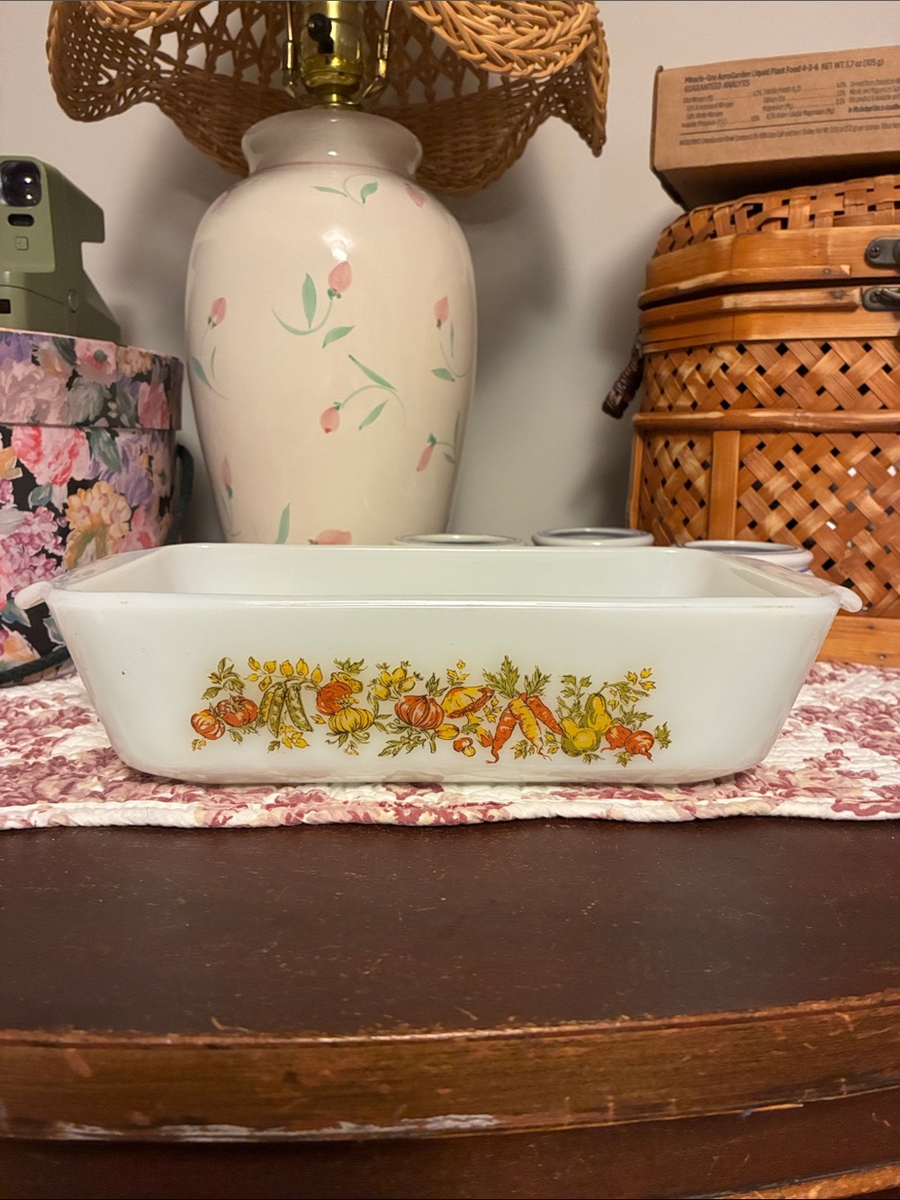 Vintage White Anchor Hocking 1 Quart Casserole Dish with Vegetable Harvest Print